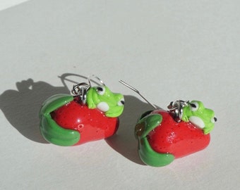 Frog on strawberry- earrings or charm- handmade polymer clay jewelry- cottagecore earrings
