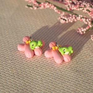 Frog on pink flower- earrings or charm- handmade polymer clay jewelry- cottagecore earrings