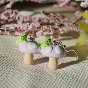 Purple frog on mushroom earrings- earrings or charm- handmade polymer clay mushroom jewelry- cottagecore earrings