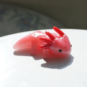 May include: A pink axolotl figurine with red gills and small black eyes. The figurine is resting on a white surface, with the light casting a shadow to the left. The axolotl is a salamander known for its unique appearance and ability to regenerate limbs.