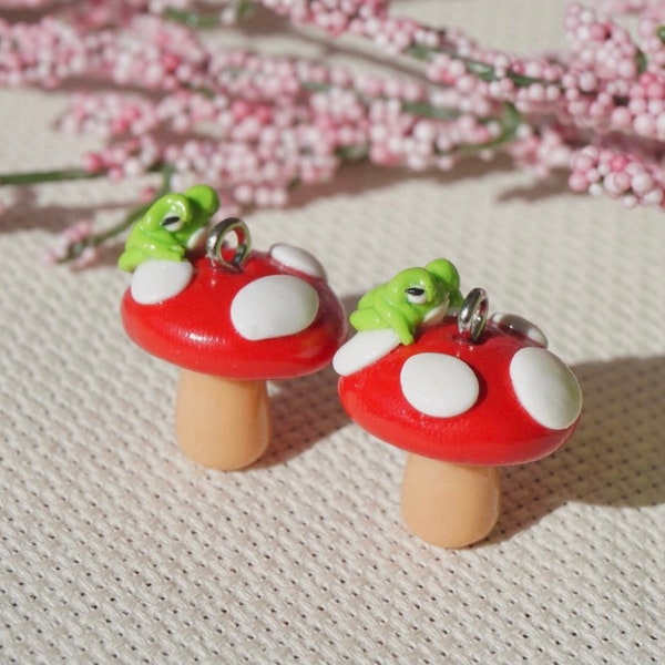 Frog on mushroom earrings (style #1)- earrings or charm- handmade polymer clay mushroom jewelry- cottagecore earrings