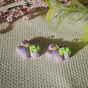 Frog on purple flower- earrings or charm- handmade polymer clay jewelry- cottagecore earrings