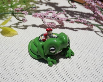 Green mossy frog - handmade polymer clay figurine/decoration- cute frog sculpture