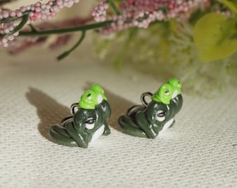 Frog on frog-earrings or charm- unique polymer clay jewelry