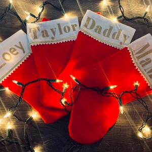 Personalized stockings, personalized family stockings, family stockings, custom stockings, gold stockings , matching stockings, red stocking