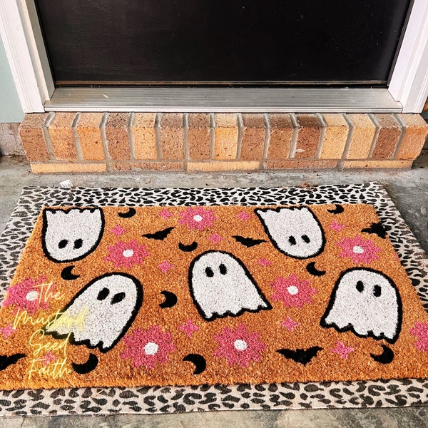 Fall Halloween doormat, pumpkin, pumpkin doormat, , Floral Ghost Pink Doormat, Pink Halloween, Floral Halloween Welcome Mat autumn doormat,