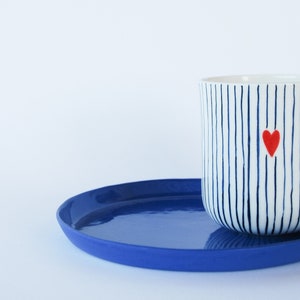 Blue White Striped No Handle Porcelain Cup with Red Heart, Handless Cute Ceramic Mug, No Handle Cozy Coffee Tea Mug, Handmade Ceramic Mug