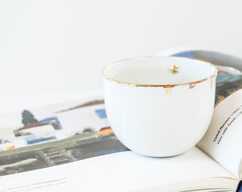 Handmade Fine Porcelain Handless Cup with Gold Details, Elegant Tea Coffee Mug, No Handle Porcelain Mug with Star