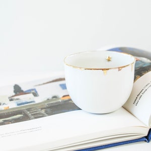 Handmade Fine Porcelain Handless Cup with Gold Details, Elegant Tea Coffee Mug, No Handle Porcelain Mug with Star