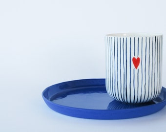 Blue White Striped No Handle Porcelain Cup with Red Heart, Handless Cute Ceramic Mug, No Handle Cozy Coffee Tea Mug, Handmade Ceramic Mug