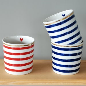 Handmade Porcelain Striped Handless Cup with Tiny Heart, Striped Ceramic Coffee Cup, No Handle Ceramic Mug, Blue-White Red-White Striped Mug