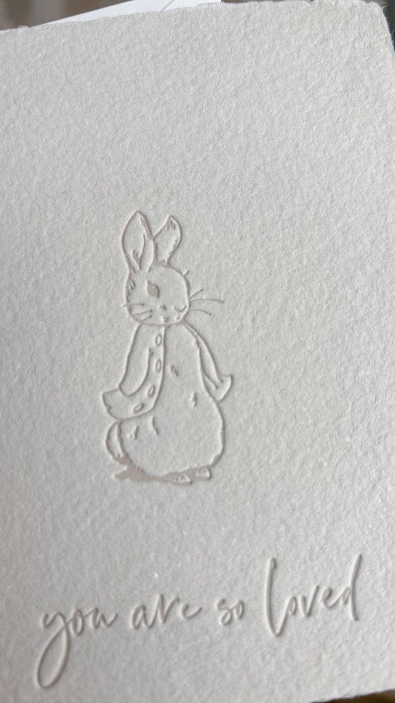 White Rabbit In Cursive Peter Rabbit “you Are so Loved” Letterpress Printed Baby Card on ...