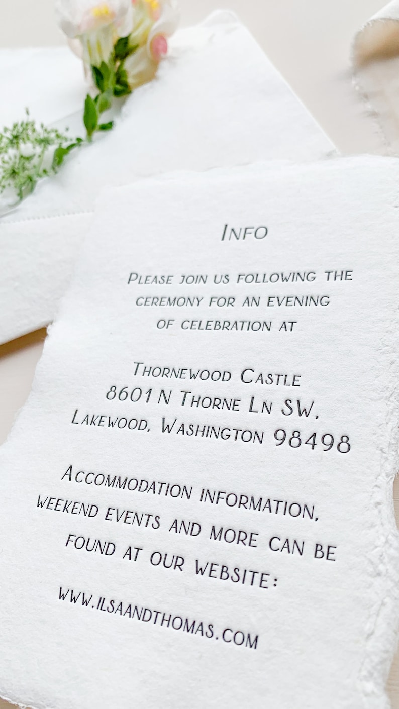 The Isla Wedding Invitation Suite letterpress printed on handmade paper with handmade paper envelopes a very whimsical and romantic suite image 5