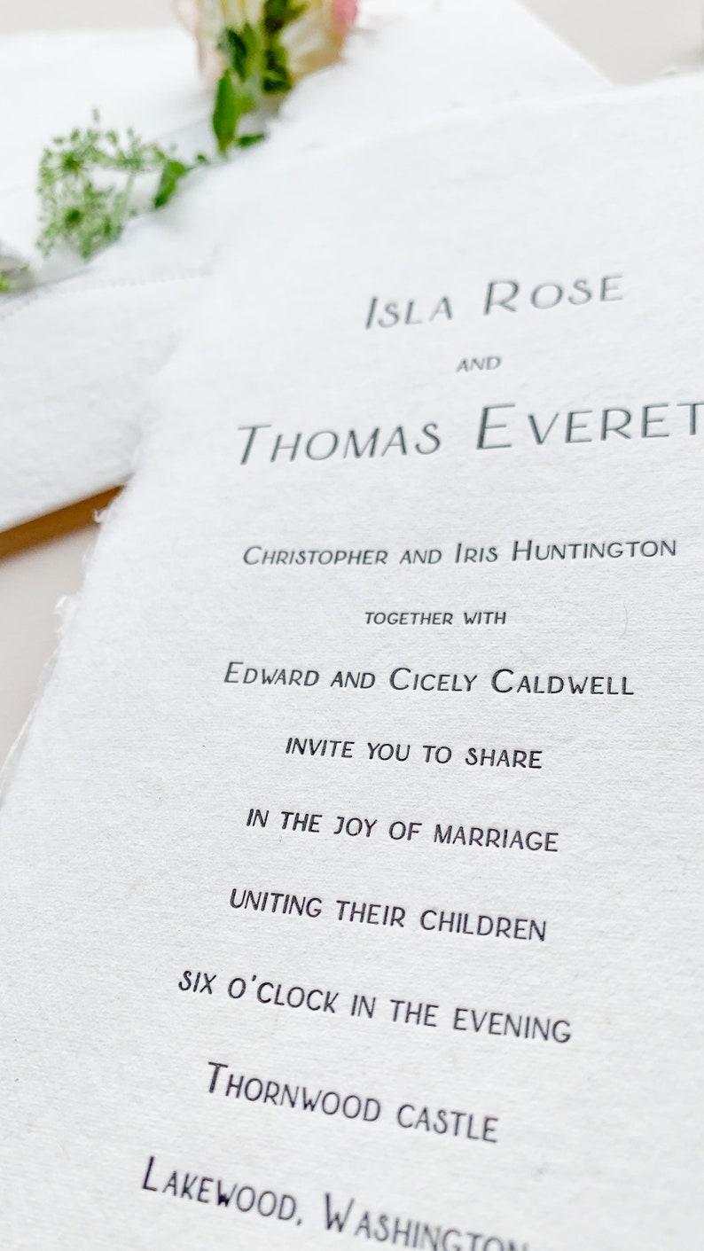 The Isla Wedding Invitation Suite letterpress printed on handmade paper with handmade paper envelopes a very whimsical and romantic suite image 3