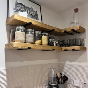 Corner shelves with mitre cut, finished in Antique Pine