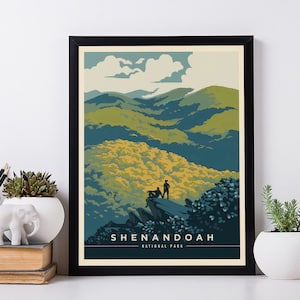 Parque Nacional Shenandoah: Arte mural de la belleza de Blue Ridge, carteles de viajes antiguos, decoración retro francesa.
