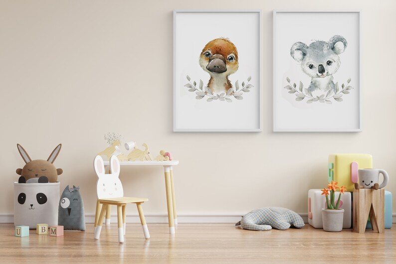 Nursery Bedroom Print Decor Eucalyptus Poster Christening Gift. Set Of 2 Australian Animal Wall Art Platypus And Koala Animals Print