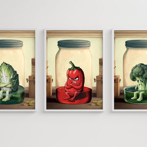 Der letzte Brokkoli, Kohl und Chilischoten Poster. 3er Set Signierter Kunstdruck. Kunstdruck für Zuhause.