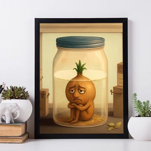 Sad Onion in Pickle Jar Wall Art, Quirky Emotional Vegetable Poster, Whimsical Kitchen Decor, Surreal Funny Food Illustration Print.
