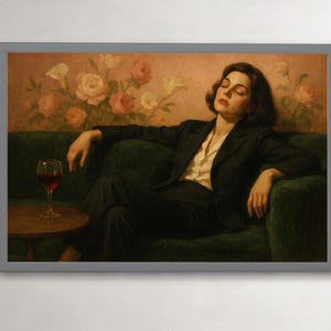 ソファに座る女性、柔らかな色調の油絵、カクテルアートのバーカートの装飾、美しい油絵のギフト、トレンディなキッチンの壁。