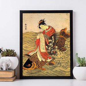 Poster Frau entfaltet einen Liebesbrief. Japanische Geschenkidee. Japanische Kunst.