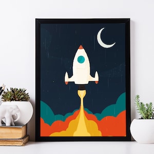 Vintage Spaceship Wall Art - Retro Space Print for Kids' Room or Nursery Decor.