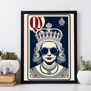 Pôster da Rainha de Copas. Arte de parede descolada de cartas de baralho. Decoração de Pop Art. Impressão da Rainha da Grã-Bretanha em tela.
