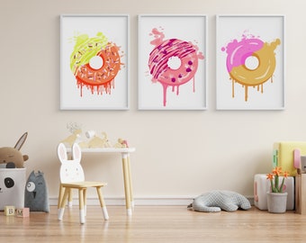 Cake Wall Art Print. Set Of 3 Donut Nursery Poster. Watercolo Illustration Sweet Decor.