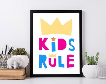 Kids Room Quote Poster. Nursery Scandinavian Print. Kids Rule Wall Art Decor.