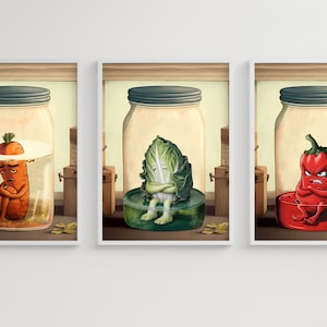 Die letzten Karotten, Kohl und Chilischoten Poster. Signierter Kunstdruck. 3er Set Raum Drucke Decor.