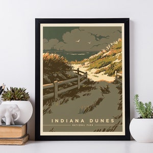 Arte de pared del Parque Nacional Indiana Dunes: póster de viaje vintage con estilo retro francés para decoración del hogar.