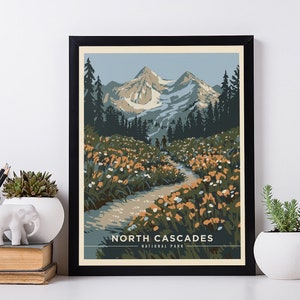 Arte de pared del Parque Nacional North Cascades, carteles de viajes antiguos, decoración retro francesa.