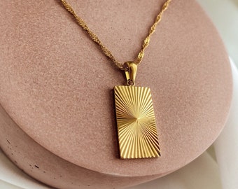 18K Gold plated Sunburst necklace, Sunbeam Rectangle Pendant, Gold Sunbeam Rectangle Necklace. Tarnish Free & Waterproof Jewelry, gift