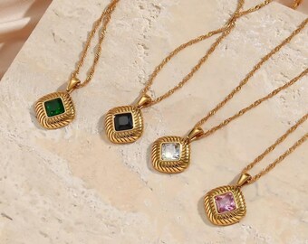 Gold plated necklace | Vintage style pendant | Chunky Square Zirconia pendant, Green stone pendant, Black pendant, Pink White Gemstone chain