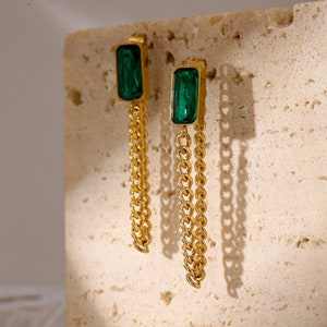 18 gold plated earrings Green Statement Gold Earring Gold and Green huggie earrings green emerald gift for her earrings dainty image 2