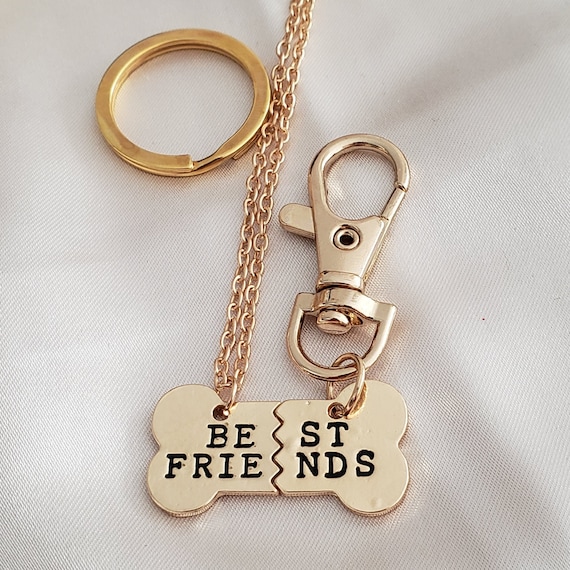 Personalized Custom Pet ID Tag Best Friend Bone Necklace Keychain Matching Bone BFF Engraved Collar Dog Cat Human Jewelry Set Pet Lover Gift Rose Gold Plated Stainless Steel 