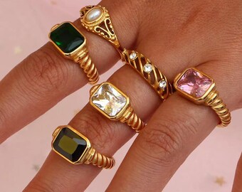 Gold Emerald Signet Ring, Waterproof ring, Zircon Square Emerald Statement Ring, Vintage gemstone ring, gold plated ring, waterproof ring,