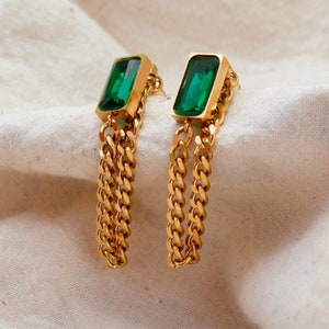 18 gold plated earrings Green Statement Gold Earring Gold and Green huggie earrings green emerald gift for her earrings dainty image 1
