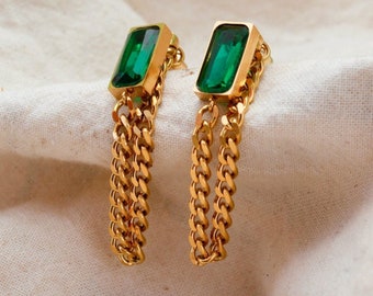 18 gold plated earrings | Green Statement Gold Earring | Gold and Green huggie earrings |  green emerald | gift for her | earrings | dainty