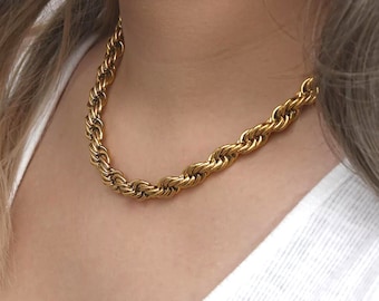 18K Gold Twisted Rope Chain Necklace, Water and Tarnish Resistant Chain, 8 MM, Unisex Bold Statement Necklace, Necklace/Bracelet, Gold Chain