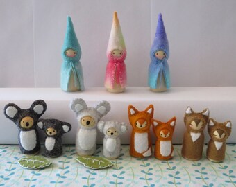 Peg doll - Mama + Baby sets - Koala Fox Deer - Aqua Multi coloured blue purple Fairies Gnomes - Steiner Waldorf inspired toy