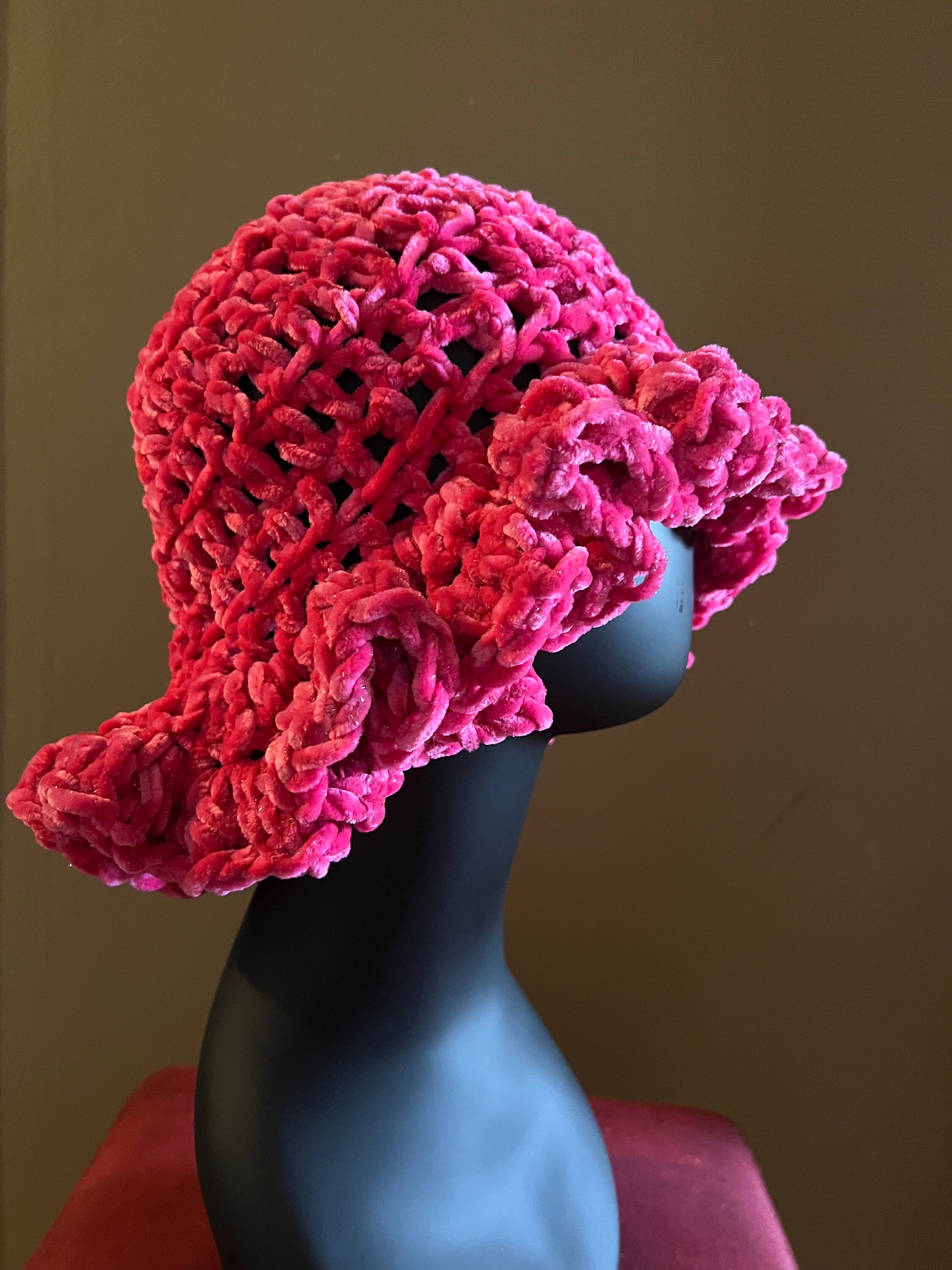 Handmade Crochet Ruffle Hat Pink‎ Statement Bonnet Cozy Winter Unique Artisan Crochet Ruffle Hat| Pink| Flowers| Granny Squares| Ruffles  main image 2