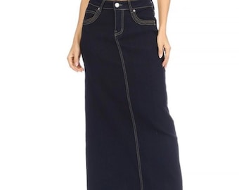 Women's Maxi Denim Long Skirt Dark Indigo Stretchy Long Modest Textured Denim Skirts Women's Long Dark Blue Jean Skirt