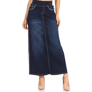 Women’s Long Modest Denim Maxi Skirt Dark Indigo Blue with elastic waist