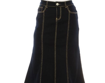 Womens Denim Midi Skirt Dark Textured Indigo Denim Skirt 30" Long