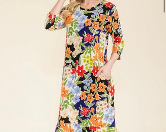 Liza Lou's Long Maxi Dress with Ruffles Blue/Black with Multi Color Floral Long Layering Dress with Bottom Ruffles