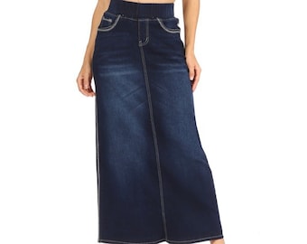 Women’s Long Modest Denim Maxi Skirt Dark Indigo Blue with elastic waist