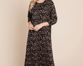 Women's Black Dress Modest Maxi Dress Long Modest Maxi Dress Flowy Black Dress with Brown Spots