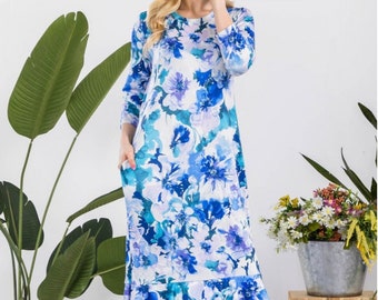 Women's Layering Dress Long Maxi Modest Women's Dress Liza Lou's Blue Floral Long Layering Dress with Bottom Ruffles