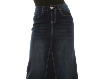 Women's  Denim Skirt Long Maxi Slight Textured Triangle Cut Long Denim Skirt Dark Blue